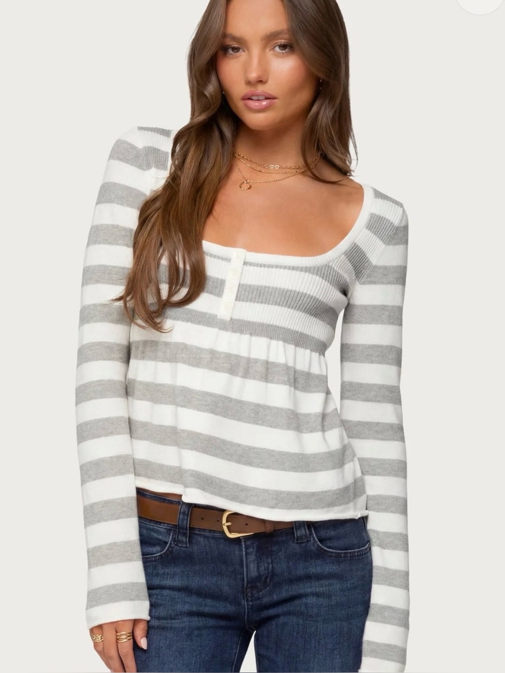 Edikted Gray & White Striped Ribbed Peplum Sweater